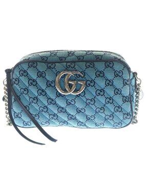Gucci GG Marmont Quilted Chain Shoulder Bag Light Blue Canvas Leather Silver